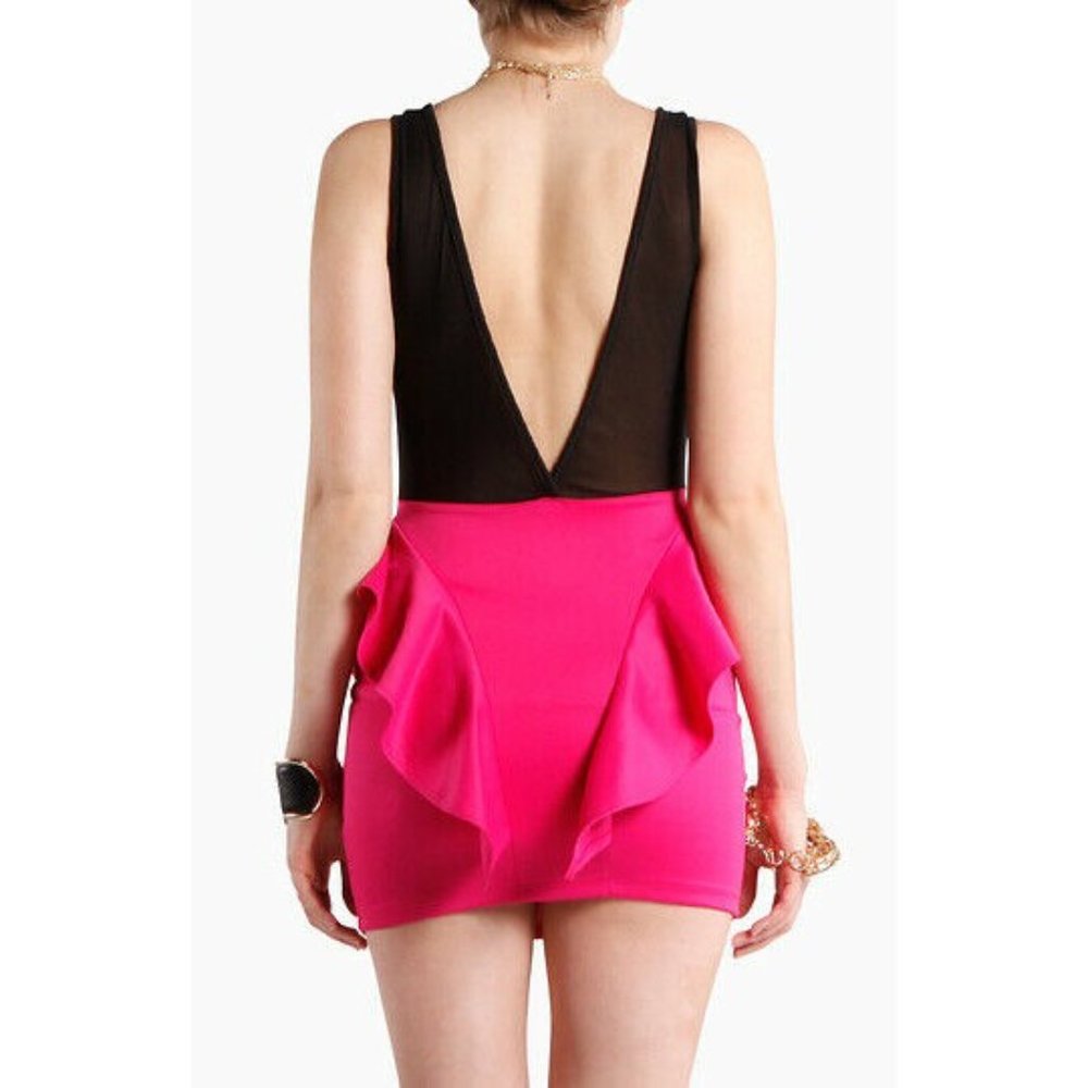 Hot Pink Sheer Mesh Low Back Ruffle Peplum Dress S - Picture 3 of 6